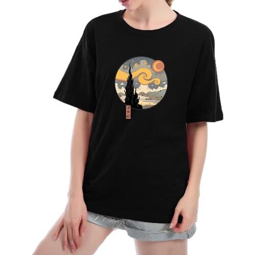 Oversized T Shirt Cotton Ukiyoe Wave Print T-shirt O-Neck Short Sleeve Tops Graphic Tshirts for Women Summer Tees Aesthetic