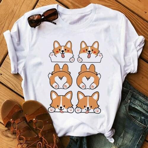New Korea Fashion Casual Female T Shirt Shiba Inu Graphic Print T-shirt Women Harajuku Aesthetic White Tops Tee Dog Lover Tshirt