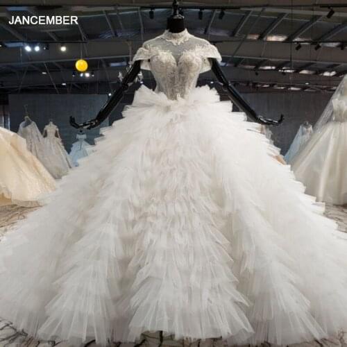 HTL1093 ruffle ball gown wedding dress capped sleeve high neck bead lace wedding gown plus size lace up back suknie slubne 2020