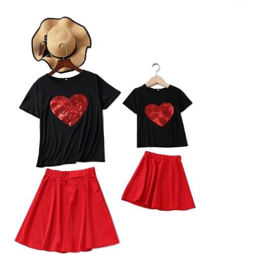 Summer New Style Family Matching Outfits Sequin Love T Shirt Parent Child Mother Daughter Skirt Mom Baby Girl Mommy Dess Clothes
