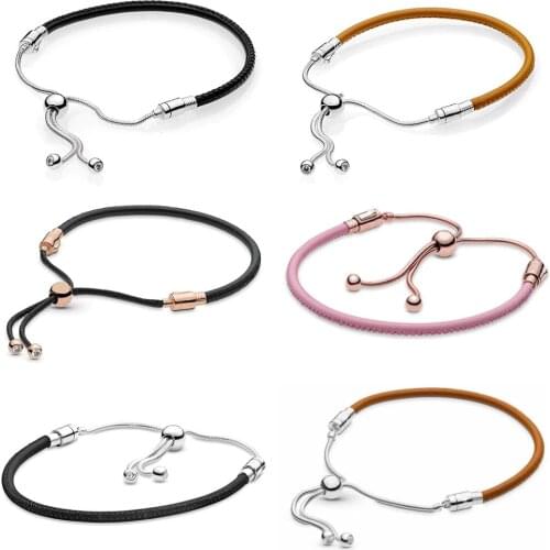 NEW 2020 100% 925 Sterling Silver Moments Leather Slider Black and Pink Bracelet Fit DIY Charm Original Fashion Jewelry Gift