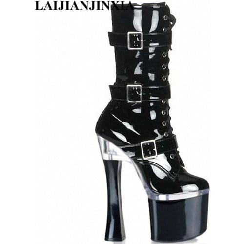 LAIJIANJINXIA New fashion womens ankle boots,sexy 18cm ultra high heels, platform womens shoes, black leather buckle boots