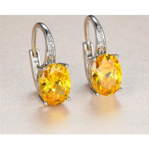 Cute Female Yellow Crystal Stone Earrings Classic Silver Color Clip Earrings For Women Charm Bride Oval Zircon Wedding Earrings