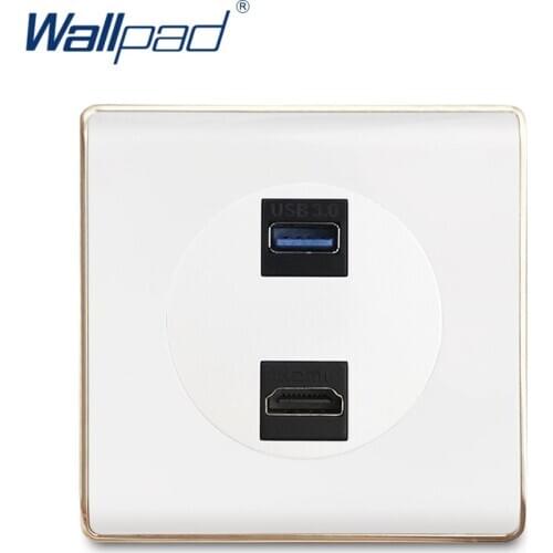 Wallpad HDMI USB 3.0 Wall Socket For Data Transmission Electric Outlet White PC Panel With Gold Edge For Home