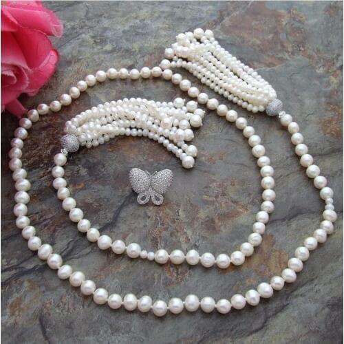 Charming 8-9mm 40" White Pearl Necklace CZ Pendant