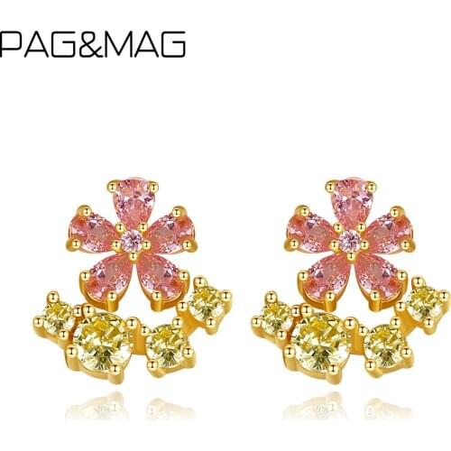 PAG&MAG Luxury 925 Sterling Silver Stud Earrings Colorful Cubic Zircon Flower Earrings For Women 18K Gold Plated Fine Jewelry