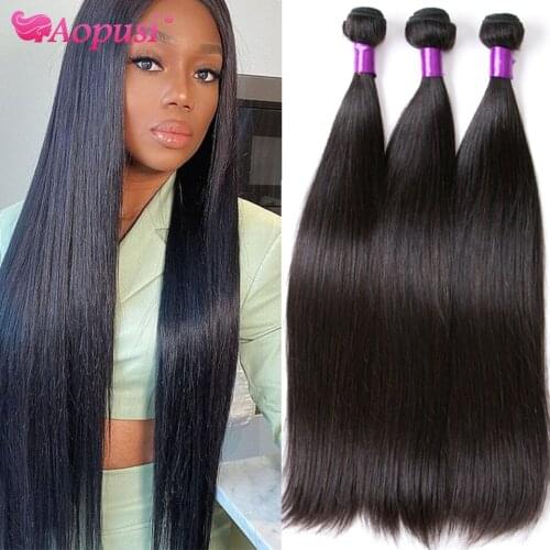 Aopusi Indian Straight Hair Bundles Human Hair Weave Bundles Natural Hair Extensions 8-30 Inch Natural/Jet Black 1/3/4/ Pcs Remy