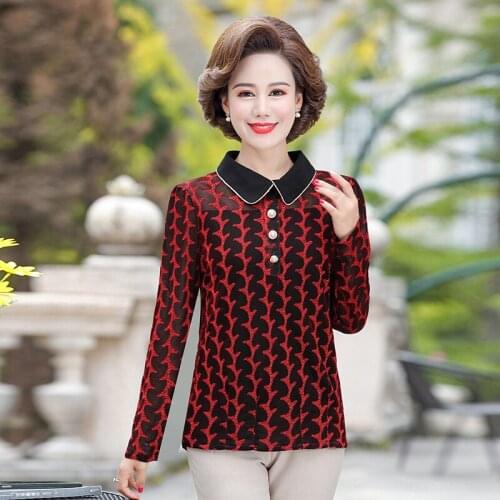 Turn-down Collar Women Pullover T-Shirts 5XL Large Size Middle Aged Mother Long Sleeve Tops Spring Autumn Bottom Shirt Clothing