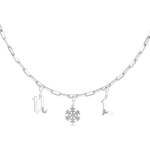 Valori Jewels Snowflake And Letter, Zirconia White Gemstone, Rhodium Plated, Sterling Silver Charm Necklace