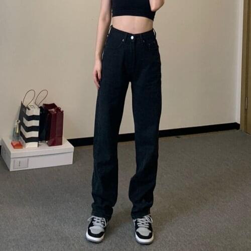 Streetwear Jeans Woman High Waist Korean Fashion Black Basic Womens Jeans Straight Baggy Pants Vintage Wide Leg Denim Trousers