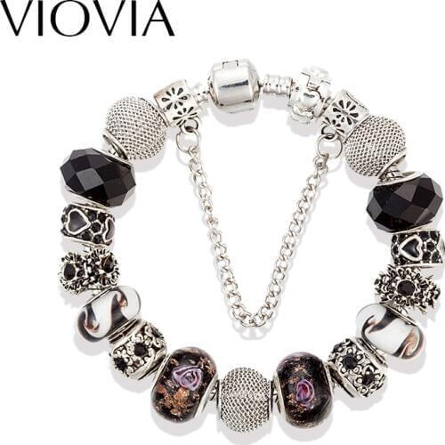 VIOVIA Fashion Vintage Jewelry Black Charm Bracelet Bangle Silver Color Fit Pan Origina Beads Bracelets For Women Pulsera B15162