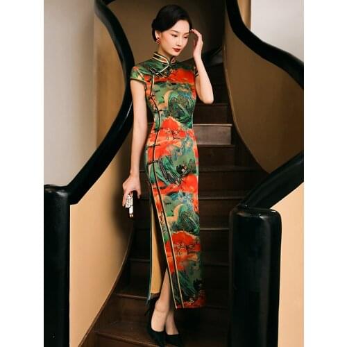 Oriental Dress Silk Cheongsams Plus Large Size Print Qipao Dresses High-End Long Cheongsam Dress Woman Costume China Clothes
