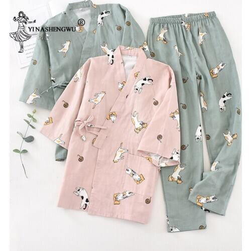 Japanese Cat Kimono Unisex Yukata Cardigan Pajamas Set Women Men Nightgown Bathrobe Summer Pure Cotton Simple Home Couple Suits