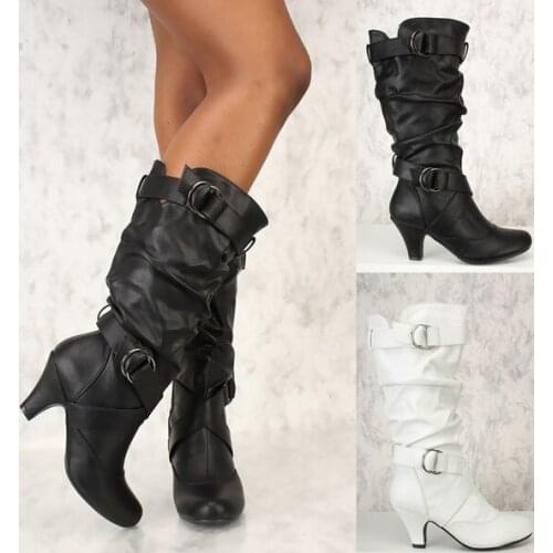 YMECHIC 2018 Fashion Mid Calf Spike High Heels White Black Ridding Western Boots Street Goth Ladies Shoes Plus Size Womens Boot