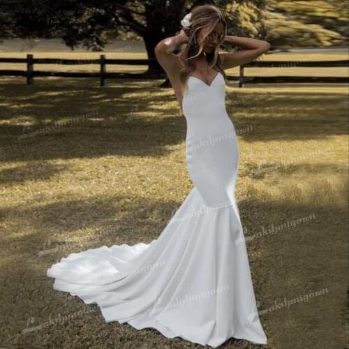 Simple Soft Satin Mermaid Wedding Dresses 2021 Deep V-Neck Off The Shoulder Sleeveless Sexy Backless Floor -Length Court Train