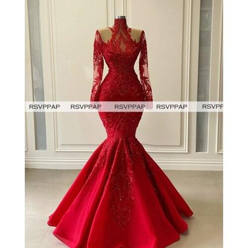 Red Mermaid Long Evening Dresses 2021 Exquisite Beaded Handwork Sheer Top High Neck Long Sleeve Arabic Dubai Women Formal Gowns