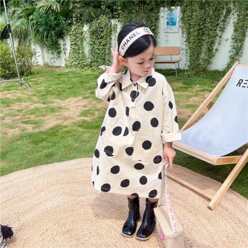 Autumn 2021 Korean Style Girls' Artistic Style Big Polka Dot Slit Hemline at Hem Loose Shirt Dress Elegant Dress