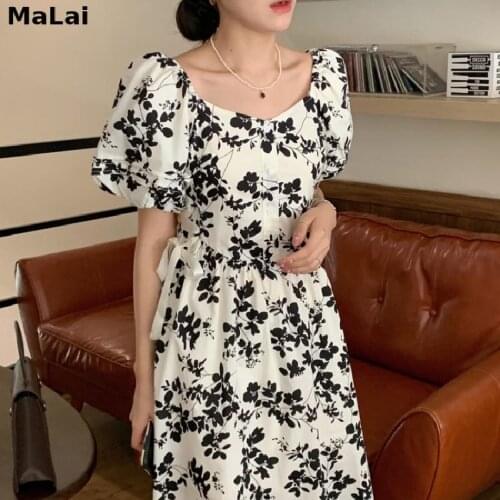 Print Flower Dresses Korean Temperament Party 2021 Summer Elegant Fashion Square Collar Puff Sleeve Casual Midi Dresses Vestidos