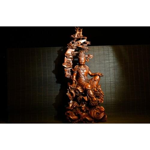 14" China Lucky Old Boxwood Hand-carved moonlight Guanyin Bodhisattva Statue Free Goddess of Mercy Enshrine the Buddha