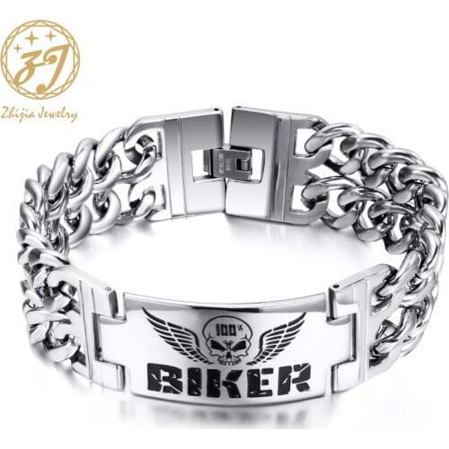 Zhijia Wings Skull Biker Bracelet Stainless Steel Jewelry Punk Double Chain Charm Bracelet Motor Biker Men /Woman Bracelet