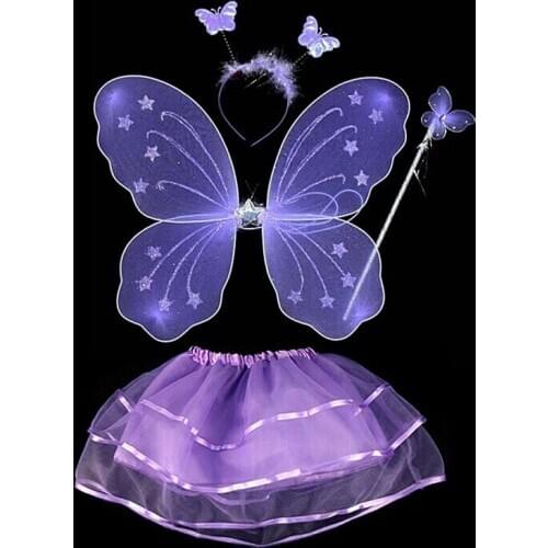 Halloween Christmas Cosplay 4Pcs Fairy Princess Kids Costume Sets Butterfly Wings Wand Headband Tutu Skirt