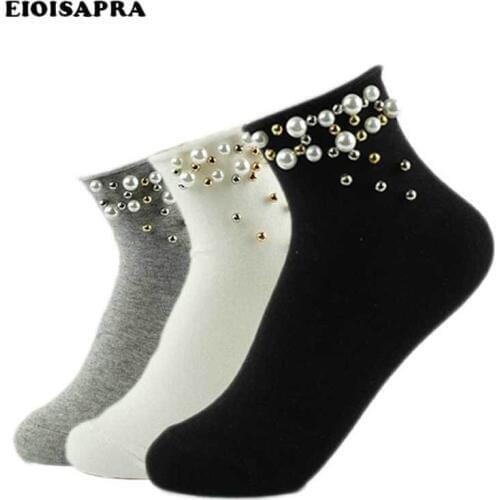 [EIOISAPRA]Pearl Gold Silver Handmade Cute Socks Fashion Cotton Edge Socks Women Funny Short Sokken Girl Harajuku Calcetines