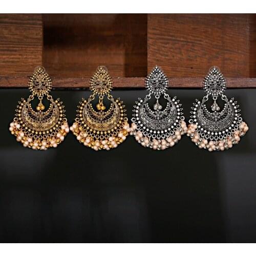 Ethnic Retro Gold Hollow Carved Ladies Earrings Turkey Bijoux Classic Vintage Pearl Bell Tassel Dangling Earrings