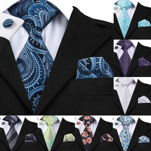 Hi-Tie Discout Navy Silk Mens Tie Classic Paisley Striped Floral Necktie For Men Luxury Large Hanky Cufflinks Set High Quality