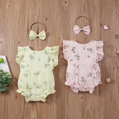 Princess Summer New Baby Girl’s Casual Fly Sleeve Romper Clothing Fresh Floral Ruffles Stitching Jumpsuits+Headband 2PCS Suit