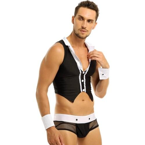 5pcs Mens Sexy Maid Role Play Costume Outfits Tops Boxer Underwear with Collar Handcuffs Lingerie Set Coustume Outfit Sexy Set
