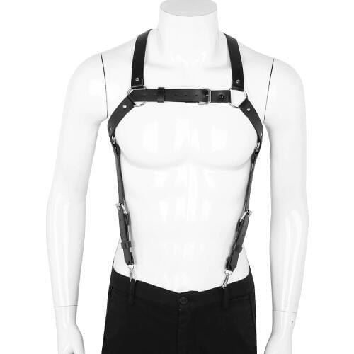 IEFiEL Male Mens Lingerie PU Leather X Back Body Chest Harness Suspenders Belt with Buckles Cosplay Club Costumes Sexy Nightwear