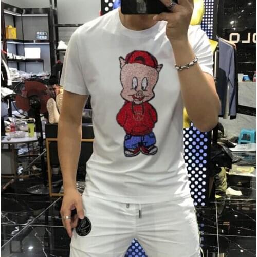 Summer Casual Short T Shirt Men Brand Clothing High Quality Pure Cotton Male Diamonds Personality Pattern