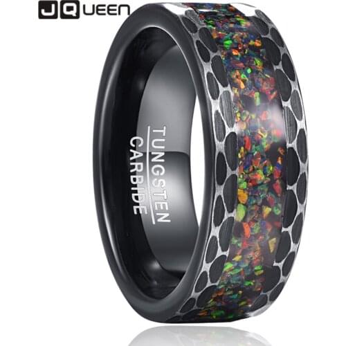 Black Edge Batch Flower Brushed Inlaid Opal Mens Tungsten Carbide Ring Black Carbon Bague Homme for Mariage Wedding Jewelry