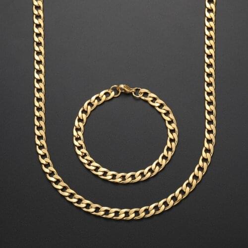 New Men Jewelry Set Width 8MM Stainless Steel Plated Gold Cuban Chain Necklace & Bracelet Fashion Gift Top Quality drop shipping
