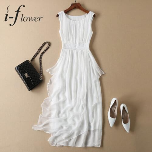 100 % Natural Silk Mulberry Dress Women 2021 Summer Beach Style Solid Midi Dress Tank Sleeveless O Neck Irregular Holiday Robe