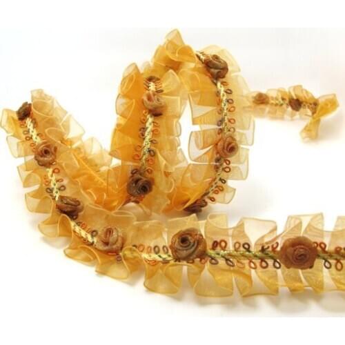 Pleated Trim|w Rococo Flower Trim|1 1/8 Inches Pleated Ombre Printed Chiffon Trim|Organza Chiffon Trim|Retro Handmade Supplies