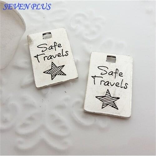 High Quality 20 Pieces/Lot 14mm*21mm Letter Engraved Safe Travels Rectangle Tag Charms Metal Words Charms