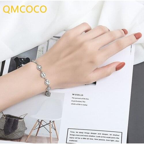 QMCOCO 925 Silver Punk Chain Brcacelet For Woman INS Style Fashion Creative Funny Smiley Face Thai Silver Party Jewelry Gifts