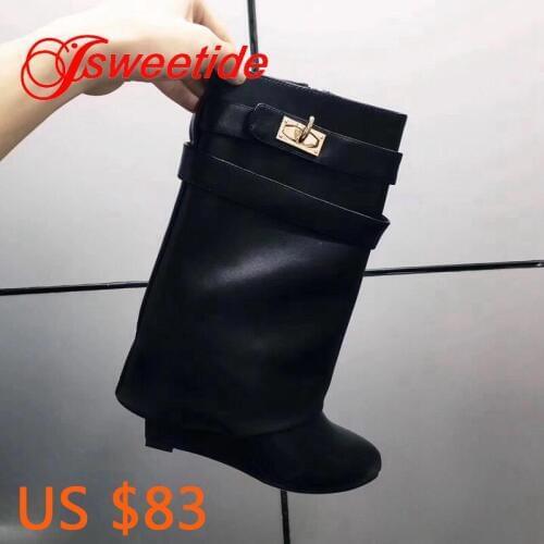 Luxury Genuine Leather Long Boots thick bottom waterproof Wedge Boots Brand Winter Boots Fashion Leather buckle Motorcycle Boots