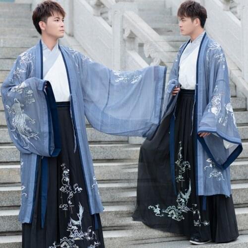 XinHuaEase Chinese Traditional Embroidered Hanfu Men Ethnic Style Wide Big Sleeve Shirt Ancient Suit Large Size Swordsman Retro