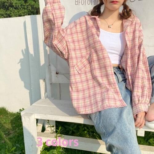 Shirts Women Plaid Vintage Loose Spring Students 3 Colors Simple Female Casual All-match Hot Sale Harajuku Holiday Popular Ins