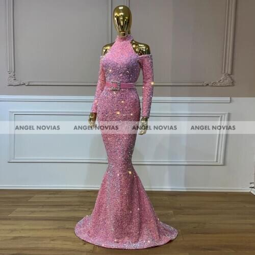Spring Women Long Sleeves Pink Mermaid Evening Dress 2021 Glitter Sequin High Neck Caftan Arabic Prom Gowns Party Dresses AN3557