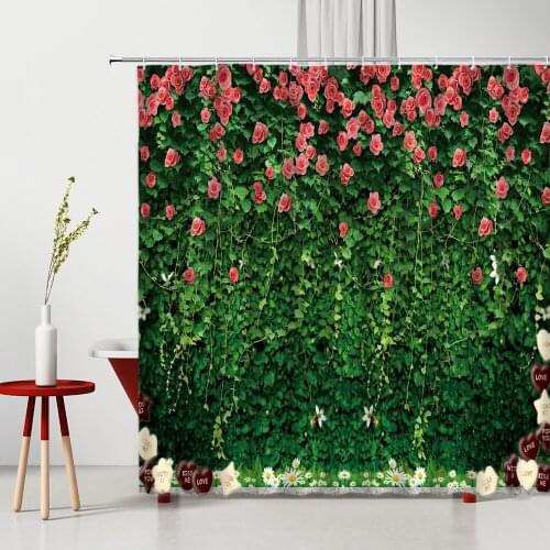 Flower Wall Green Vine Shower Curtain Red Rose Daisy Green Leaf Landscape Printed Bathroom Decor Polyester Bath Curtains Set