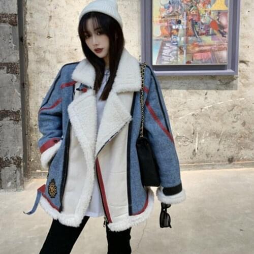 Cowboy Stitching Lambswool Coat Female 2021 New Autumn Winter Korean Fashion Loose Thicken All-Match Denim Cotton Jacket Women