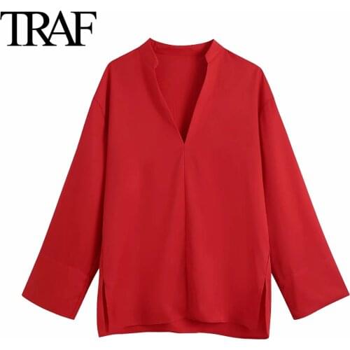 Traf Za Women Clothing Spring Autumn Chic Red Tops Ladies Loose Oversized Shirt Harajuku Long Sleeve Blouses