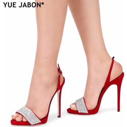 YUE JABON Women Buckle Strap Sandals High Heels Crystal Sexy Rhinestone Thin Heels Suede Open-Toed Ladies Party Wedding Shoes
