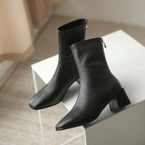 SKLFGXZY Women boots Genuine leather Chelsea boots 6 cm high heels Square head zipper boots Womens shoes