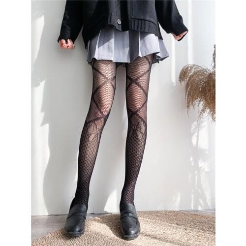 Womens Black Tie Bowknot Pattern and Dots Jacquard Pantyhose Nylon Mesh Stockings Sexy Hollow Out Fishnet Lolita Tights
