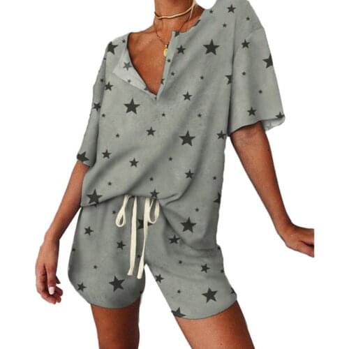 Women Pajama Sets V Neck T-shirt waist drawstring Shorts Floral Print Ribbed Sleepwear Pajamas Set Summer 2021