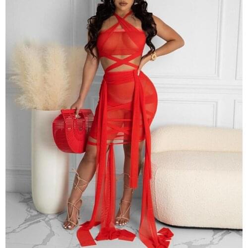 2021 Women Halter Neck Solid Two Piece Mini Skirt Sets Night Club Wear Sexy Mesh Dress Summer Solid Color Green Orange White Red